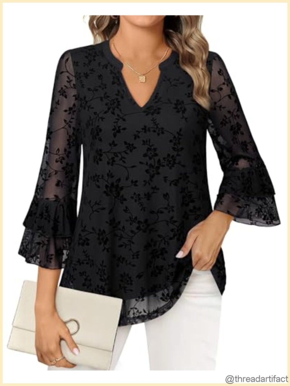 Women's Double Layered Mesh Blouse 3/4 Bell Sleeve V Neck Top